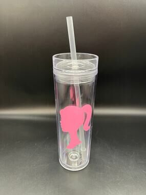Strata Pink Barbie Head Silhouette Double Wall Tumbler Cup with Straw 16 oz